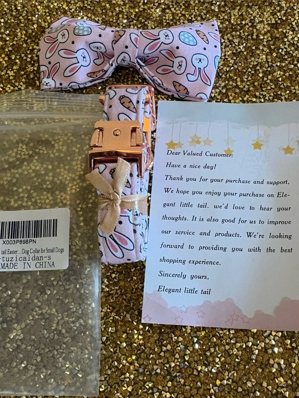 Pink Bunny Print NWT Small Dog Bow Tie Collar with Rose-Gold Hardware.